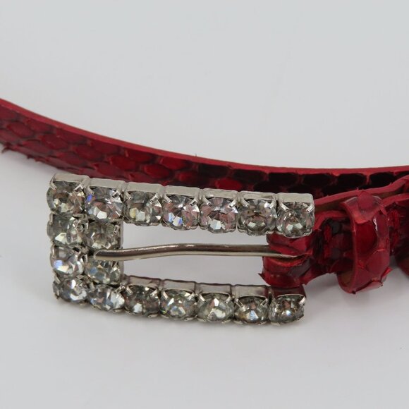 Claudio Orciani Women 80cm Red Genuine Snake Skin Rhinestone Buckle Skinny Belt - Picture 3 of 12